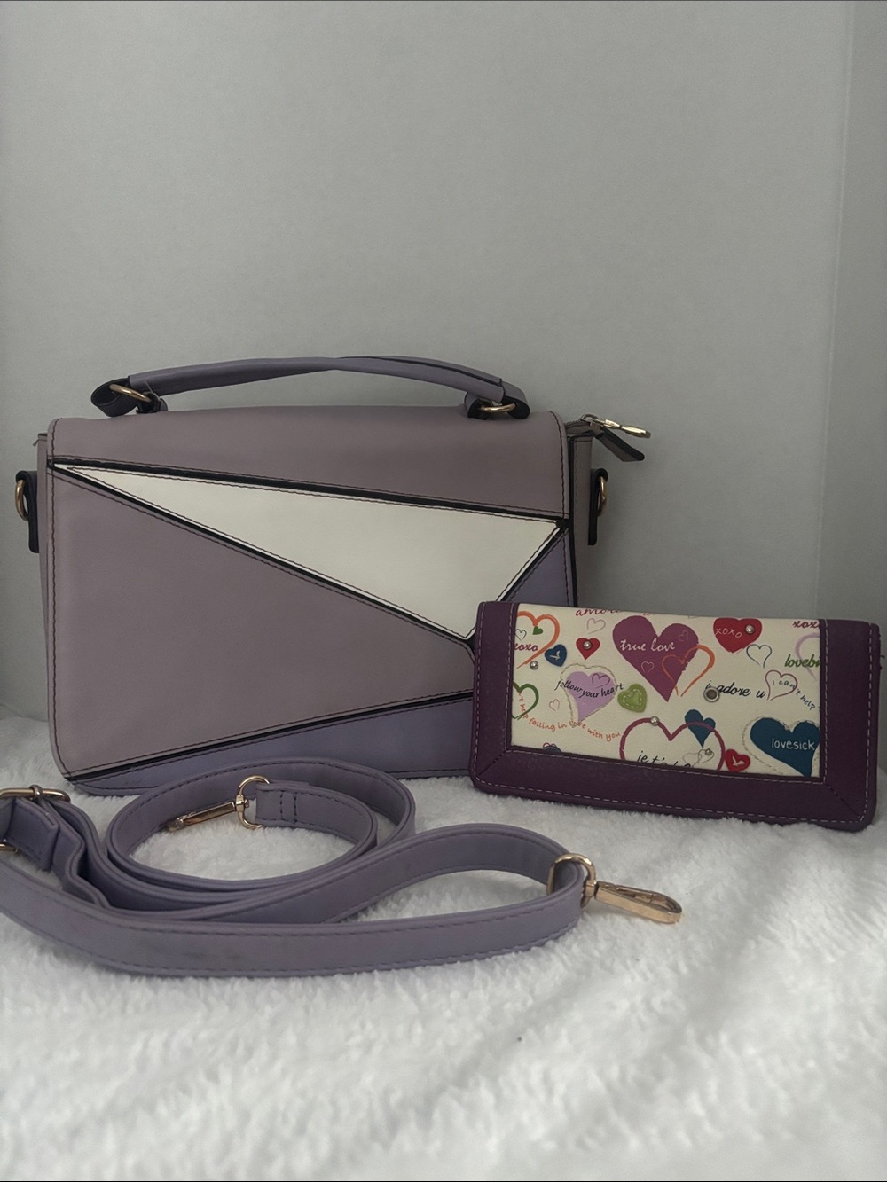 Blush Lavender Geometric crossbody/handbag with Heart-Print Wallet